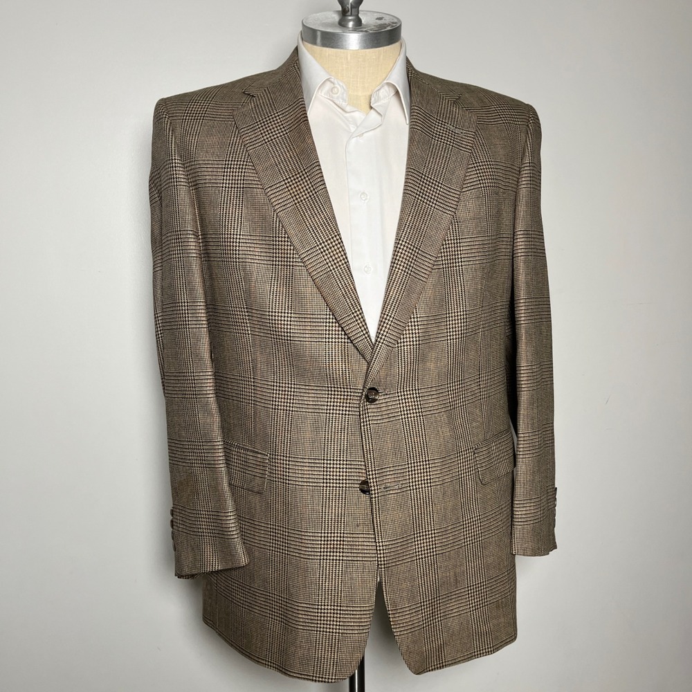 Burberrys Blazer Mens 46L Brown Tan Glen Plaid Vintage Two Button Sport Coat